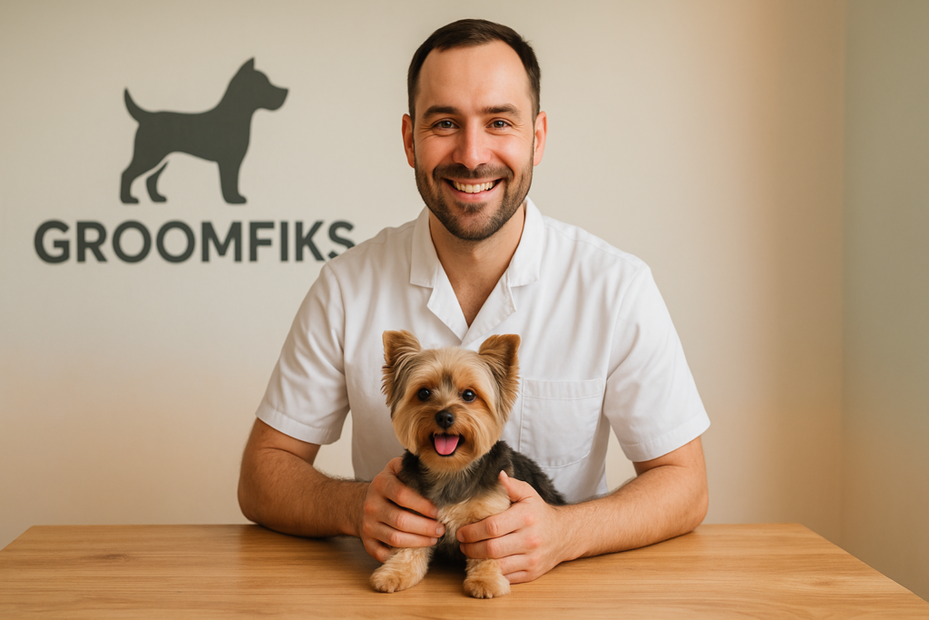 Groomer z Pniew w salonie GroomFiks trzyma spokojnego psa podczas pierwszej wizyty