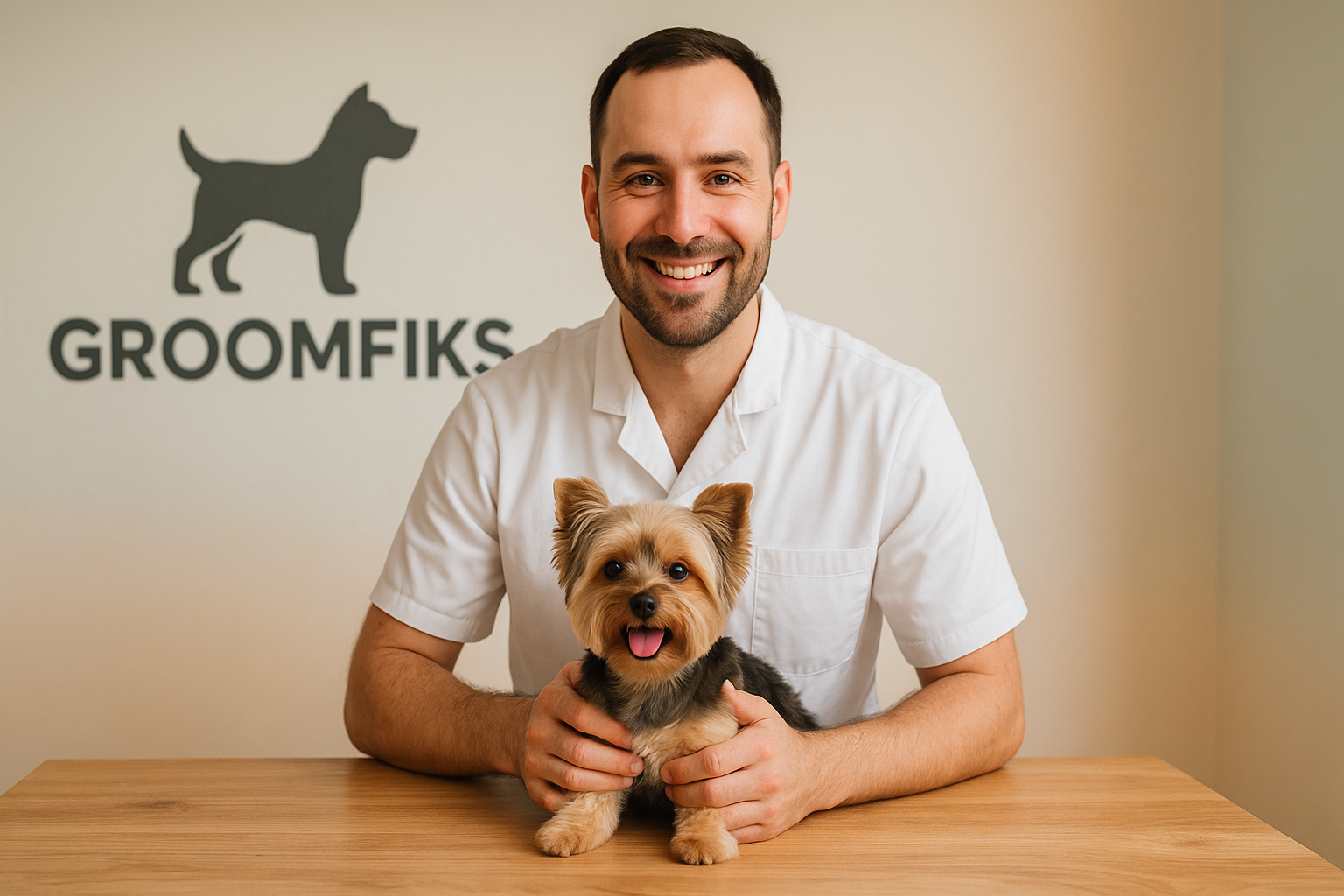 Groomer z Pniew w salonie GroomFiks trzyma spokojnego psa podczas pierwszej wizyty