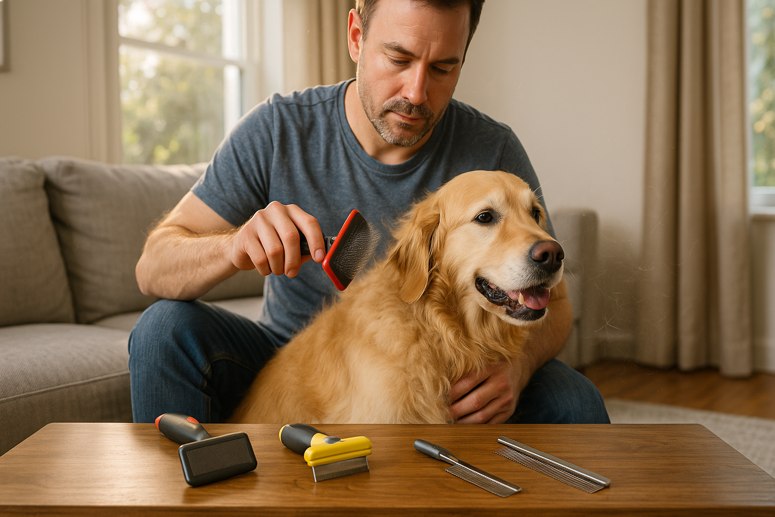 Właściciel wyczesujący psa podczas wiosennego linienia, narzędzia groomerskie na stole