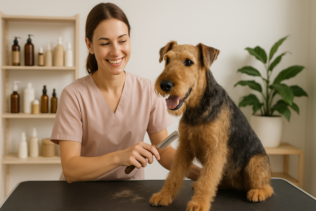 Groomer trymujący psa szorstkowłosego w salonie GroomFiks w Pniewach